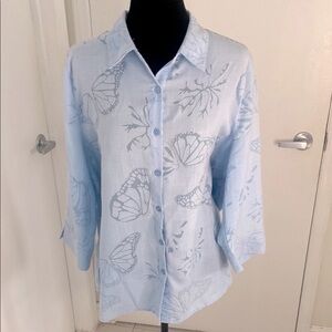 TRADITION 3/4 length sleeved blue button down Butterfly Print Blouse Size 18